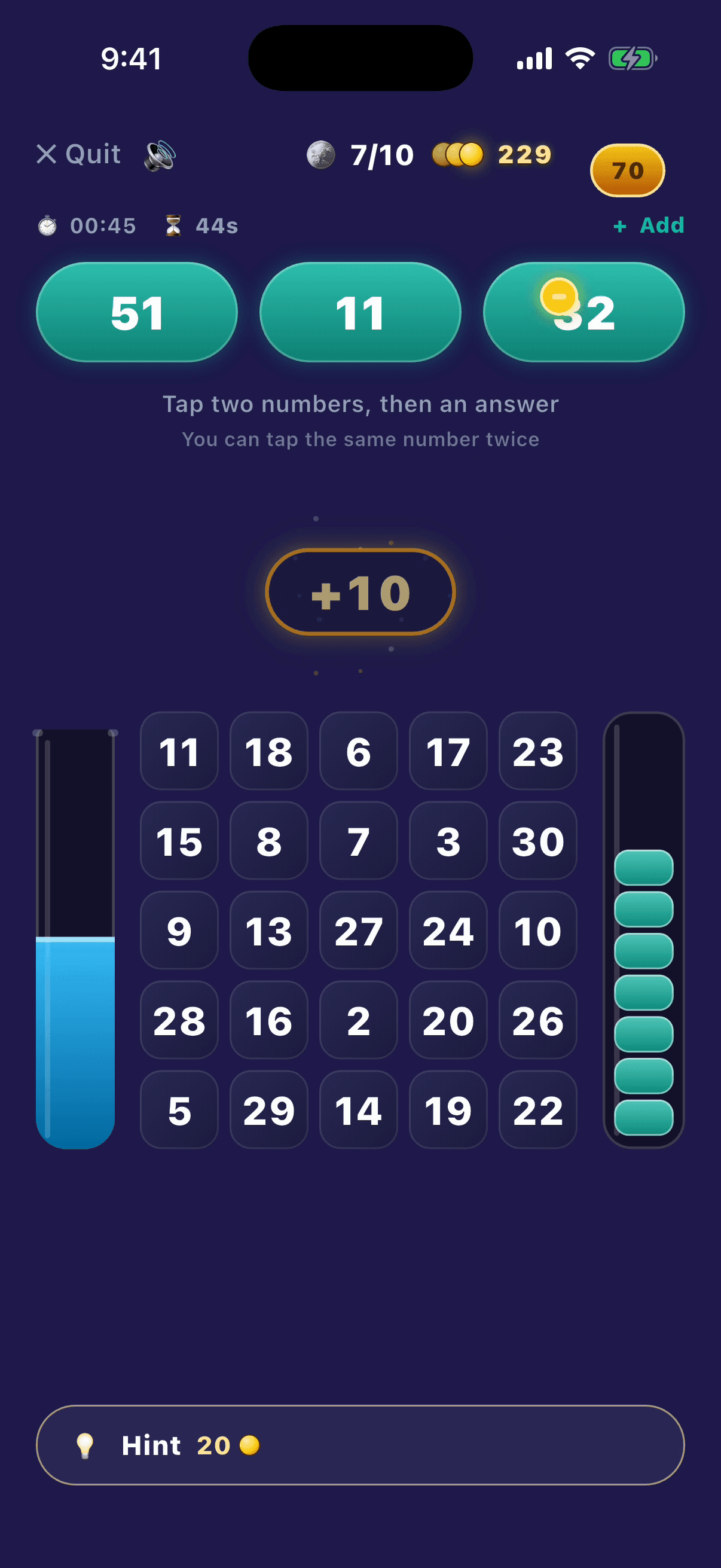 Stack Quest — stacking pucks by solving arithmetic before the water overflows